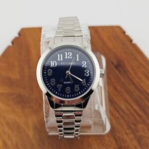 Kessaris Women's Silver Tone Stretch Band Watch Blue Dial